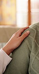 Shoulder, nurse and senior person in nursing home for empathy, care and bonding for support. Retirement, healthcare and caregiver with elderly patient for affection, comfort and compassion on sofa
