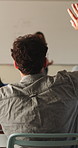 Student, question and listen to lesson in classroom, education and teacher with project explanation. Back, learner and person with knowledge, discussion and answer for exam or learning in school