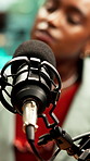 Podcast, woman or microphone with content creation, sound setup or voice equipment for live stream. Digital, person or influencer with recording tech, audio system or vocal gear for broadcast.