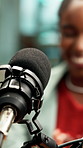 Podcast, host or microphone with content creation, sound setup or voice equipment for live stream. Digital, woman or influencer with recording technology, audio system or vocal gear for broadcast.