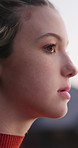Thinking, education and woman outdoor at university with ideas, planning or decision for scholarship. Serious, knowledge and female student with choice for college, study goals or future on campus.