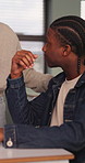 College, worry and teacher with student in class for help with test, exam or assignment in lesson. School, university and person with man for assistance, doubt and thinking for education and learning