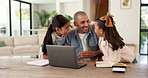 Girl, children and surprise with dad for remote work from home, hug and excited with laptop in lounge. Father, kids and connection with embrace, care and love with freelance career in family house