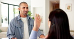 Frustrated, couple and home with argument for fight, conflict or living room dispute. Upset, man and disagreement with woman, stress or mistake for poor communication, cheating affair or confession