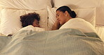 Sleeping, mom and child on bed, home and single parent with son at night or rest together in bedroom. Above, family and dreaming on comfortable mattress, woman and kid on pillow and relax in house