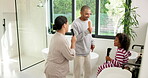 Parents, child and singing with hairbrush in bathroom for grooming, fun morning routine or bonding. Happy, family and son with haircare tool in home for karaoke, getting ready and dance for self care