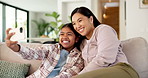 Happy, mom and selfie with child in lounge, profile picture and memory for social media and website. Laughing, woman and bonding with daughter on couch, photography and sharing family vlog in house