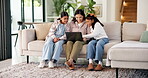 Video game, mom or children in house with laptop, playing together or good time in digital contest. Laugh, parent or girls on couch with tech, family bonding or fun competition in virtual activity.
