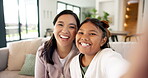 Face, mom and child with laughing selfie on sofa for family memory, bonding together or support. Love, happy mother and girl with photo in home for connection, funny social media post or relationship