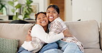 Sibling, face and children in house with hug, sister support or bonding together on weekend break. Smile, portrait and girls on couch with embrace, family connection and healthy relationship in home.