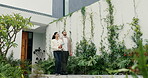 Real estate, viewing or people at house with walk, property tour or discussion in site visit. Inspection, client or realtor with tech, investment consultation or quality check in purchase evaluation.