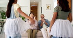 Children, parents and clapping for ballet on sofa for dance practice, rehearsal praise or bonding. Spin, family or applause to ballerina girls with tutu in home for performance, pretend play and bow