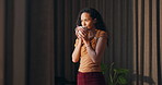 Drink, coffee and woman by window for morning routine, calm and relax in hotel room. Taste, cozy and happy person thinking by curtain with cup of tea or beverage for hospitality, weekend or holiday