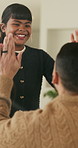 Happy, dad and daughter in home with hug, healthy relationship or playful bonding for child growth. Laugh, high five or family with embrace, childcare or parent connection in childhood development.
