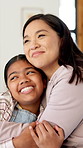 Smile, mother and child with hug in house for connection, security and care for family time together. Bonding, happy woman and daughter with embrace for childhood support, trust or love for affection