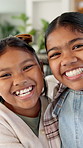Sibling, face and children in home with laugh, fun time or bonding together on weekend break. Playful, smile and girls in house with portrait, family support and connection in healthy relationship.