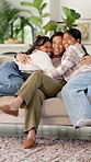 Happy, mom and children in house with hug, healthy relationship or playful bonding for child growth. Laugh, face or family on sofa with run, childcare or parent connection in childhood development.