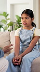 Parent, talk and discipline for child in house, guidance and explaining rules to daughter or lecture. Girl, home and listening to punishment, guilty and consequences for bad behaviour and discussion