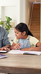 Counting, dad and child high five with homework for problem solving, math or excited for answer. Celebration, kid and father with calculator in home for quiz solution, equation support or study help
