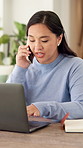 Laptop, review or Asian woman with phone call for remote work, project feedback or manual editing tips. Typing, freelancer or technical writer with planning for how to guide, tech or smile in home