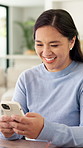 Laughing, woman and texting with phone in home, online or communication with contact on social media. Typing, message and happy person with mobile for funny chat, browsing and networking on website
