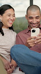 Phone, relax and couple outdoor in backyard with texting, networking or social media on mobile app. Happy, technology and man with woman on cellphone for chatting, message or notification online.