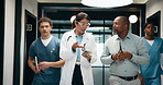 Phone, walking and medical team at clinic for discussion, planning schedule or insurance records. Hospital, people and doctors with mobile for healthcare report, advice or help with nurses in hallway