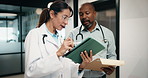 Tablet, medical team and discussion in clinic, planning schedule or feedback for insurance records. Hospital, nurses and doctors with tech for healthcare report, advice or documents in meeting