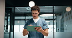 Healthcare, nurse and walk with tablet in hospital for ward rounds, medical records or workflow. Health professional, man and tech in clinic hallway for EHR access, review diagnostics or test results
