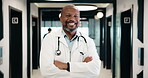 Face, doctor and man with arms crossed in hospital, professional and laughing for healthcare career. Portrait, happy and mature gp with confidence for medical expertise, wellness support and about us