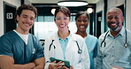 Group, face and doctors with tablet in clinic, healthcare and confident with medical career or duty. Team, laugh and happy people with pride for health services, wellness and colleagues in hospital