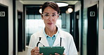 Face, doctor and woman with tablet in hospital, professional and confidence for healthcare career. Portrait, laughing and mature gp with tech for diagnosis research, happy and pride for medical care
