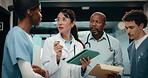 Doctor, team and management with tablet for hospital schedule, planning and healthcare task. Document, digital and medical people with nurses for communication, leadership and solution in clinic
