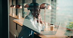 Coffee shop, thinking and black woman on laptop by window for planning, solution and finance. Restaurant, customer and business person on computer for financial report, research and budget in cafe