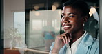 Thinking, businesswoman and smile in office, glass and brand manager with creative decision and idea. Business, window and happy person with marketing choice, reflection and planning for project