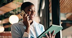 Phone call, tablet and black woman by window in office for communication, talking or negotiation. Technology, cellphone and African female financial manager on mobile conversation for investment.