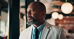 Thinking, serious and black man by window for business strategy, financial decision and investment. Unsure, corporate and mature person with idea for finance proposal, problem solving and solution