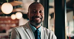 Face, business and black man with confidence in office, banking career and laugh for financial advice. Portrait, happy or mature manager with pride for account management, joke or investment support