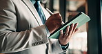 Hands, business and man with tablet in office for research, viewing agenda and real estate. Male person, writing and signature with tech for resale schedule, property listing and auction information