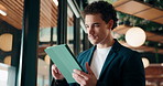 Business, man and reading with tablet at hotel for research, viewing agenda and real estate report. Thinking, male realtor and digital for resale schedule, property listing and auction information