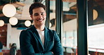 Happy, crossed arms and face of businessman in office with confidence for finance career. Smile, professional and portrait of financial manager with pride for company about us with job opportunity.