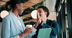 Cafe, tablet and people with high five for success, sales or business growth on app. Achievement, partnership and entrepreneur with investor for collaboration, target or online profit in coffee shop