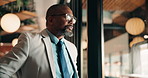Professional, owner and thinking at cafe window for expansion vision, venture insight or growth. Proprietor, mature black man and decision for franchise idea, restaurant improvement or small business