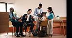 Happy, meeting and business people in cafe on tech for planning, strategy and good ideas. Coffee shop, applause and men with women on tablet, laptop and brainstorming for campaign, project or success