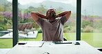 Happy, man and stretching with tablet for remote work, audit completion and deadline success. Freelance accountant, mature black person and relax with tech in home for tax season close, done or smile