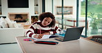 Child, education and writing homework in home, learning and exam preparation with info or knowledge. Student, notes and kid with notebook for assignment, academic growth and development in house