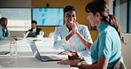 Business, people and meeting with high five in office for good news, success and finance victory. Women, laugh or celebration with laptop for congratulations, team achievement and financial promotion