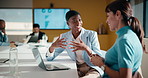 Explain, finance and laptop with business women in boardroom for review of data charts. Computer, conversation and investment decision with employee people in financial workplace for risk management