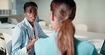 Woman, discussion and meeting with colleague in office for business proposal or collaboration. Female people, employees or conversation with ideas for project, company development or suggestion