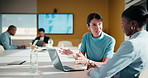 Finance, laptop and talking with business women in boardroom for review of data charts. Computer, explain and investment decision with employee people in financial workplace for risk management